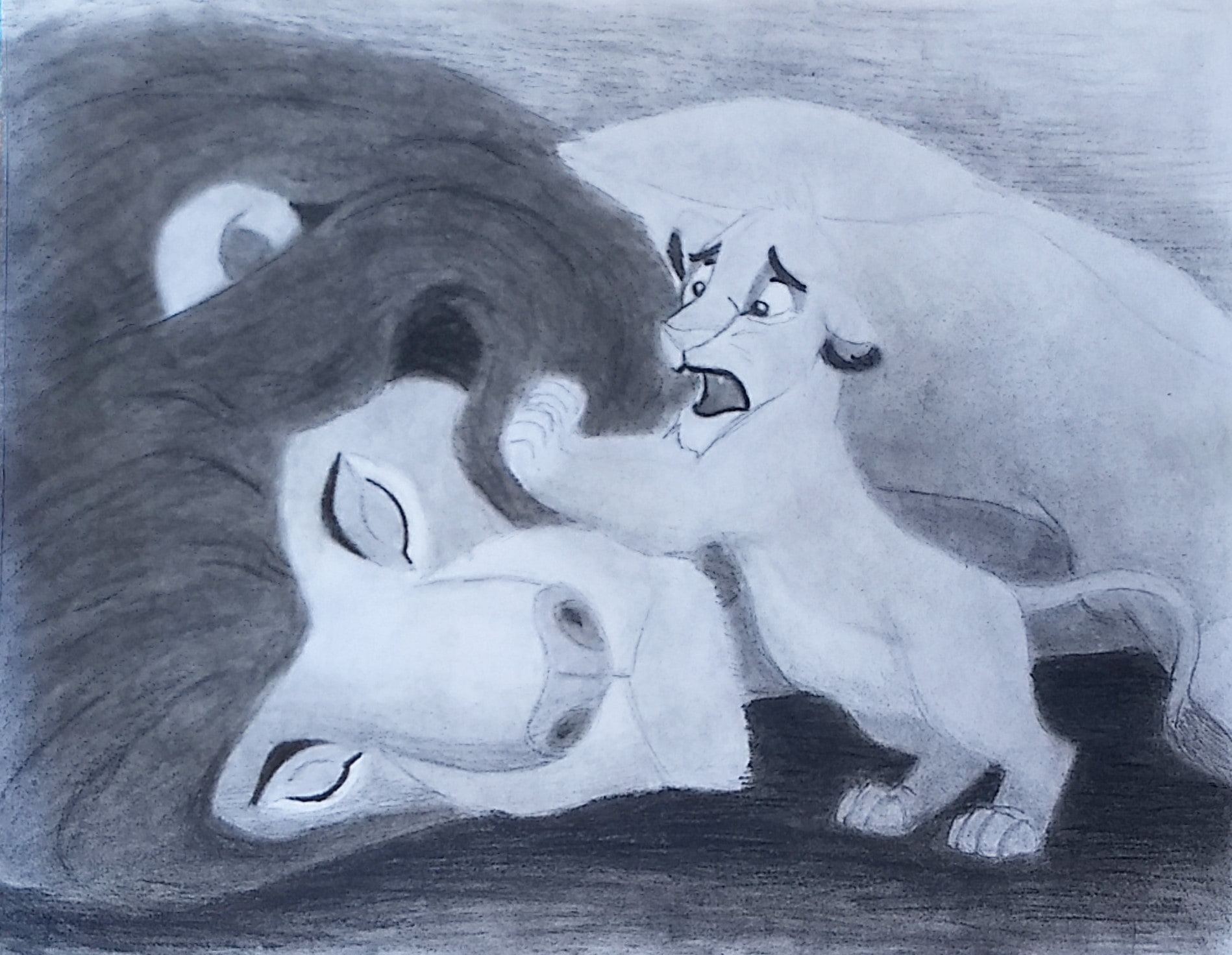 Charcoal drawing of a resting adult lion with a cub nuzzling against his mane.