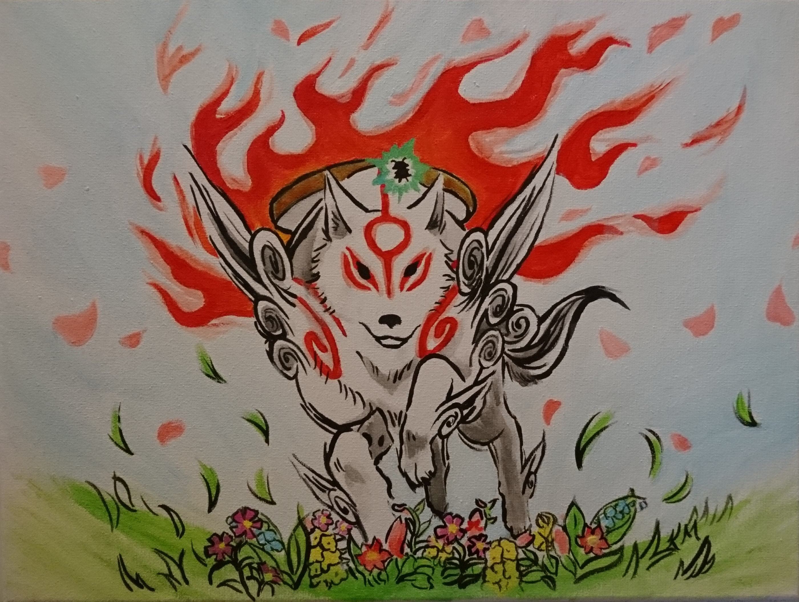 Painting of the white wolf Amaterasu with red markings, surrounded by red flames and drifting petals above a strip of flowers.