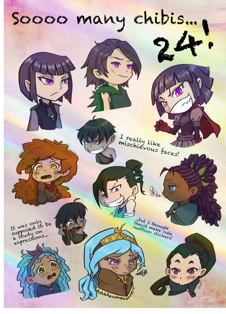 “Soooo many chibis… 24!” Chibi character heads drawn as stickers, with notes like “I really like mischievous faces!” and “It was only supposed to be a study on expressions…”
