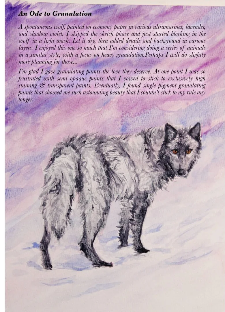 “An Ode to Granulation”: a short essay above a granulating watercolor painting of a gray wolf in snow.