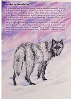 “An Ode to Granulation”: a short essay above a granulating watercolor painting of a gray wolf in snow.