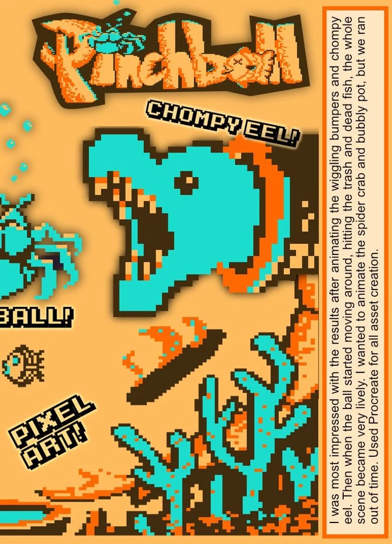 The Pinch-ball title with a chompy eel, the ball and a spider crab in pixel art, and a note about animating the game in Procreate.