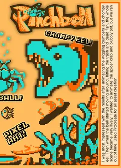 The Pinch-ball title with a chompy eel, the ball and a spider crab in pixel art, and a note about animating the game in Procreate.